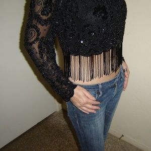 VTG Oleg Cassini Sequined Beaded Fringed Silk Top